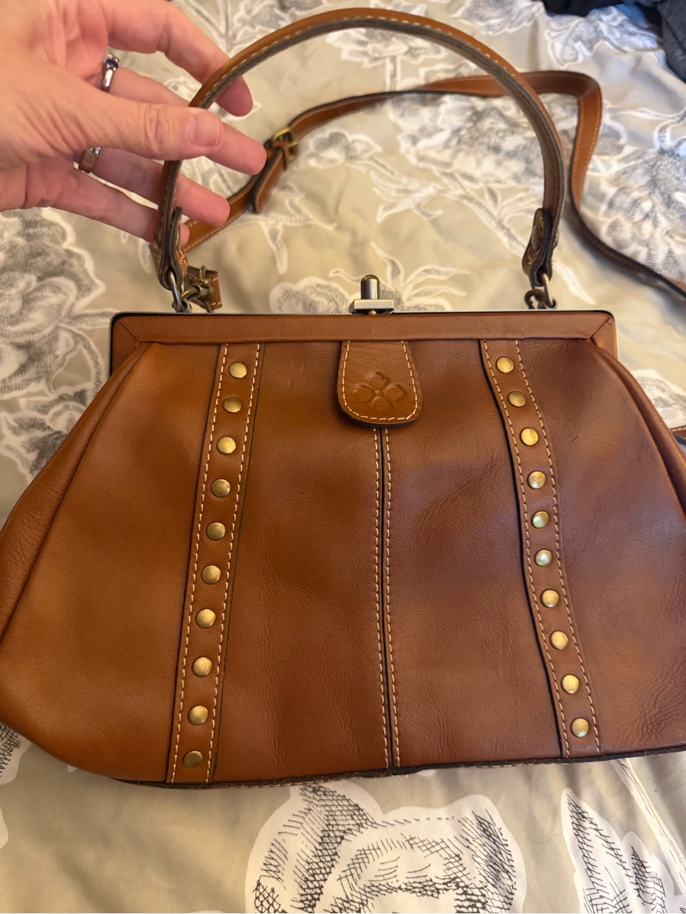 Patricia Nash Nemoli Cognac Leather Studded Frame Satchel